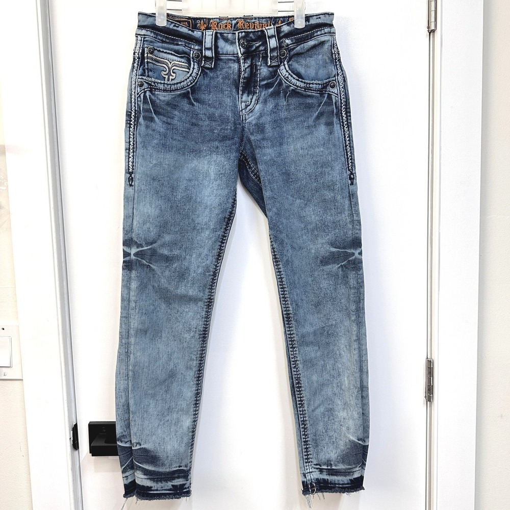 Rock Revival Monte Slim Straight Acid Wash Embroidered Jeans 29 Blue Distressed